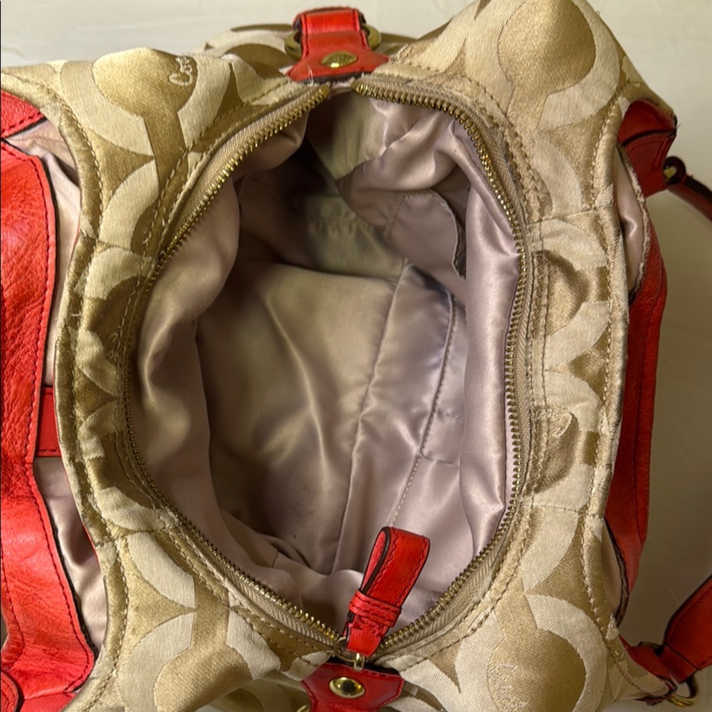 Coach Tan and Orange Signature Monogram Bag featuring Carriage logo on front. - Picture 9 of 16